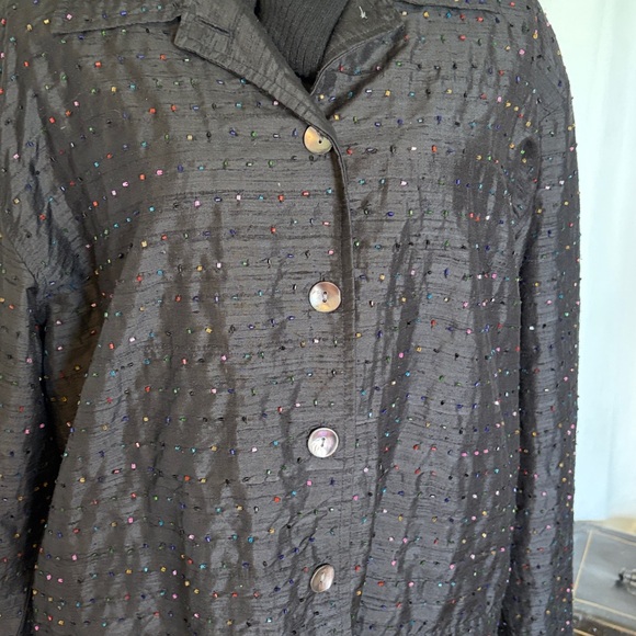 Silk multicolored beaded black jacket large relaxed fit perfect for layered look - Picture 4 of 8